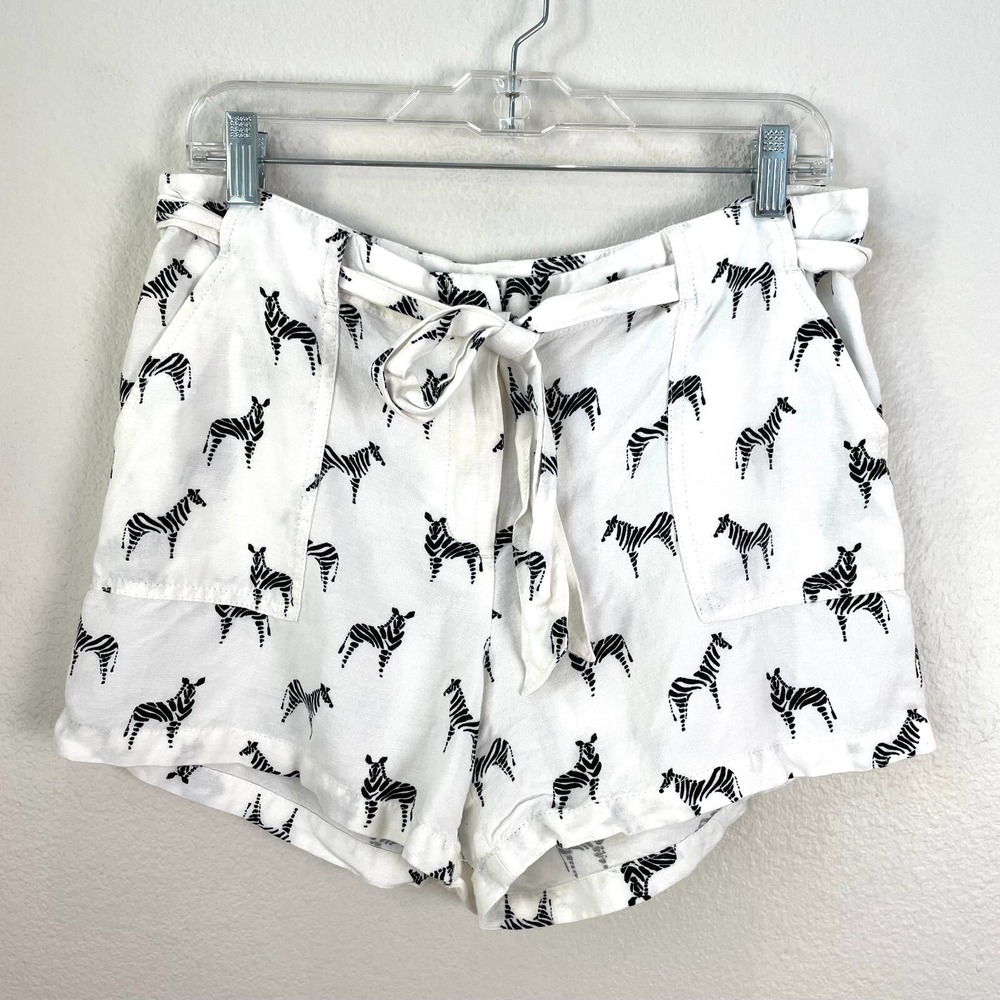 Ann Taylor Loft Womens 4 White‎ Zebra Print Linen Blend Shorts Waist Belt